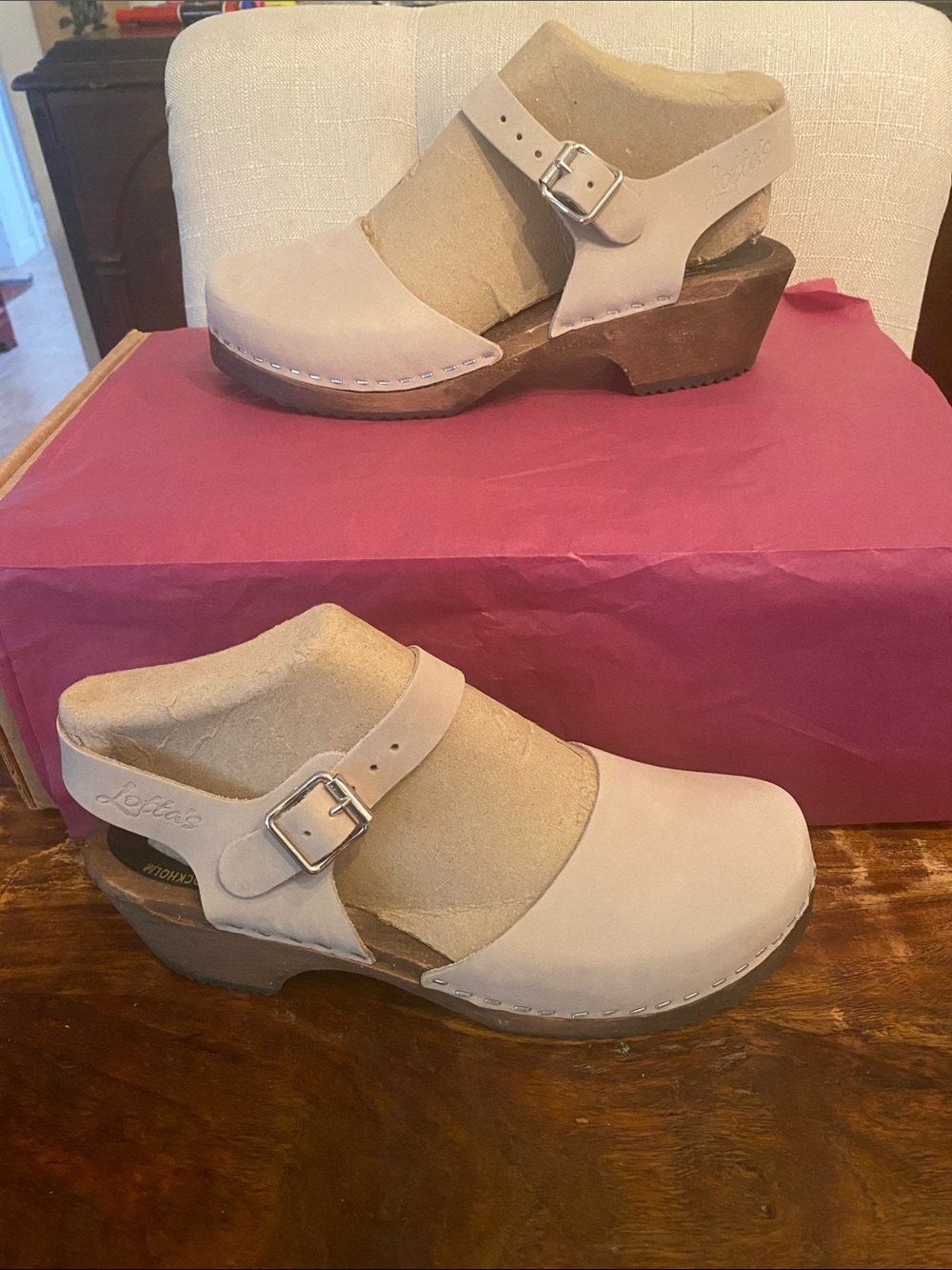 NWOB Lotta from Stockholm CREAM  Wood Wooden Sandals suede Buckle EU 38 US 7.5-8